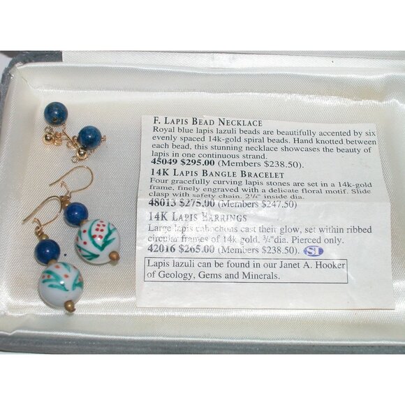 14K Gold Lapis Lazuli Necklace & 2 Pair Earrings Set With Hand-Painted Porcelain - Picture 5 of 7